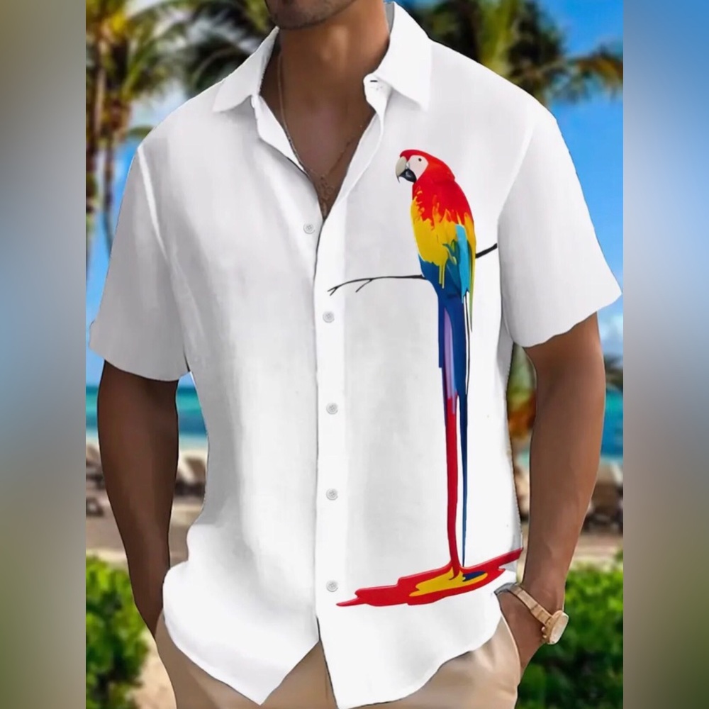 Parrot Print Short Sleeve White Shirt w Lapel Collar (XL)